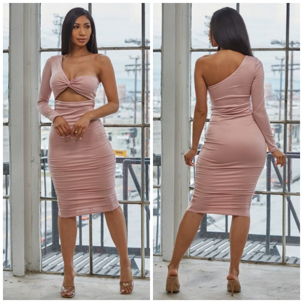 Women's Solid Blush One Shoulder Midi Dress